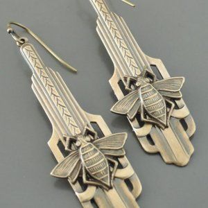 Art Deco Earrings - Brass Bee Earrings- Vintage Earrings - Bee Earrings